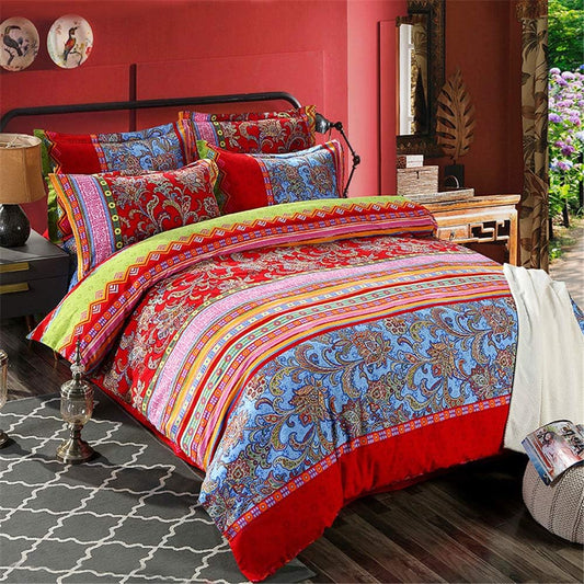 ABREEZE Bohemian Duvet Cover Set Colorful Red Boho Retro Bedding Set Damask Paisley Cotton Duvet