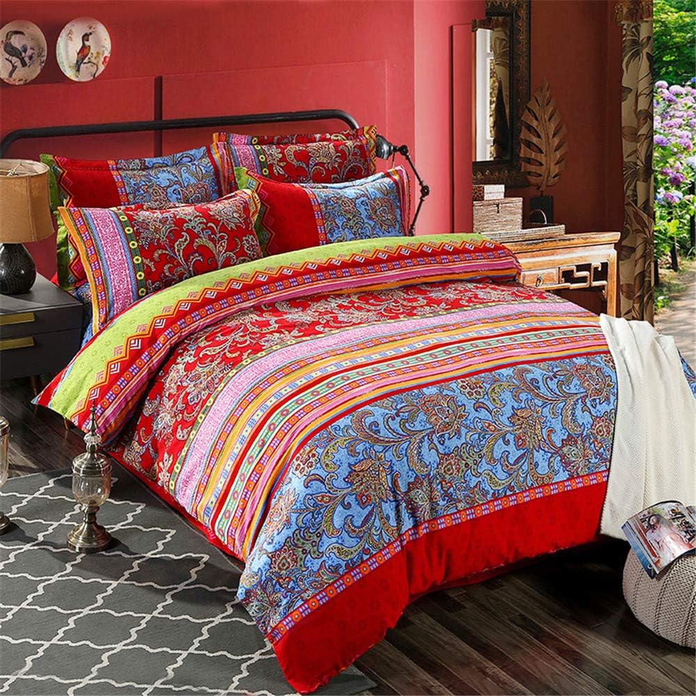 ABREEZE Bohemian Duvet Cover Set Colorful Red Boho Retro Bedding Set Damask Paisley Cotton Duvet