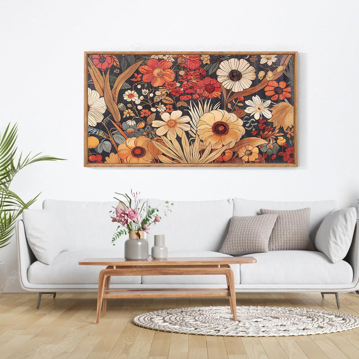 Aurlan Boho Burnt Orange Terracotta Wildflowers Framed Wall Art(40"x20"), Abstract Floral 3D