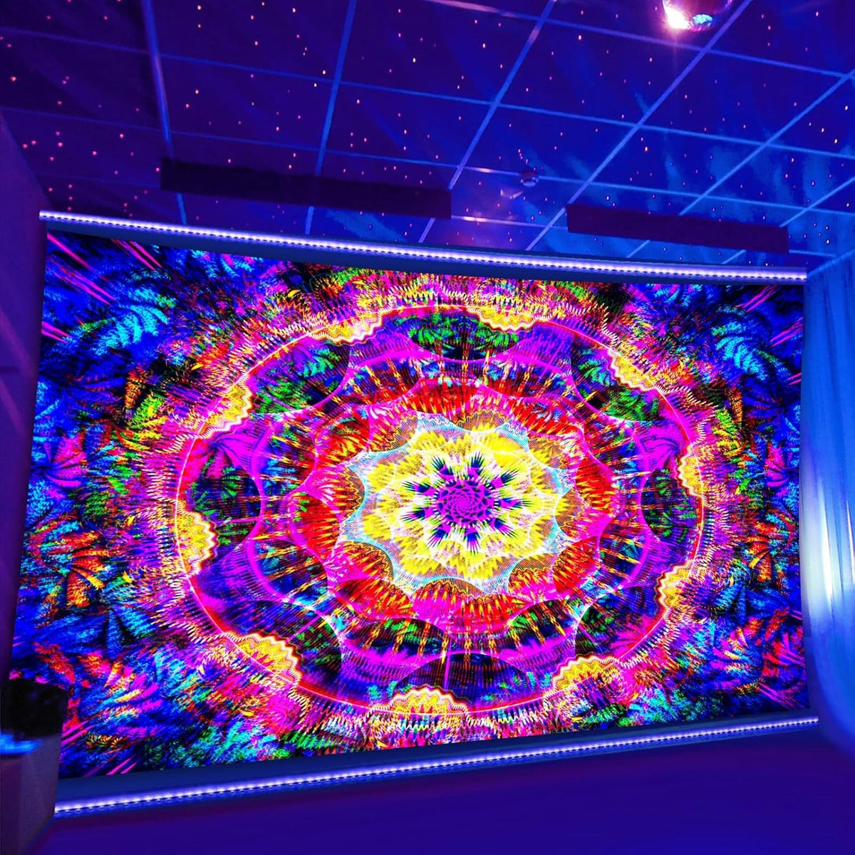 PSYHILAR Blacklight Mandala Tapestry for Bedroom, Psychedelic Black Light Posters for Adults and