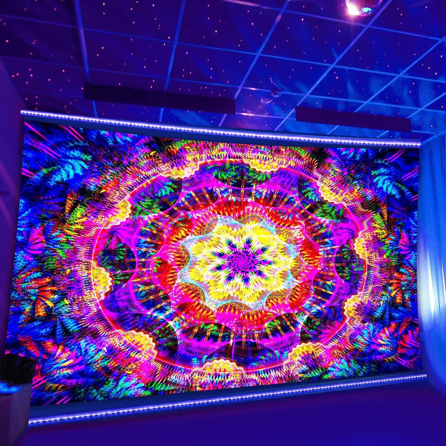 PSYHILAR Blacklight Mandala Tapestry for Bedroom, Psychedelic Black Light Posters for Adults and