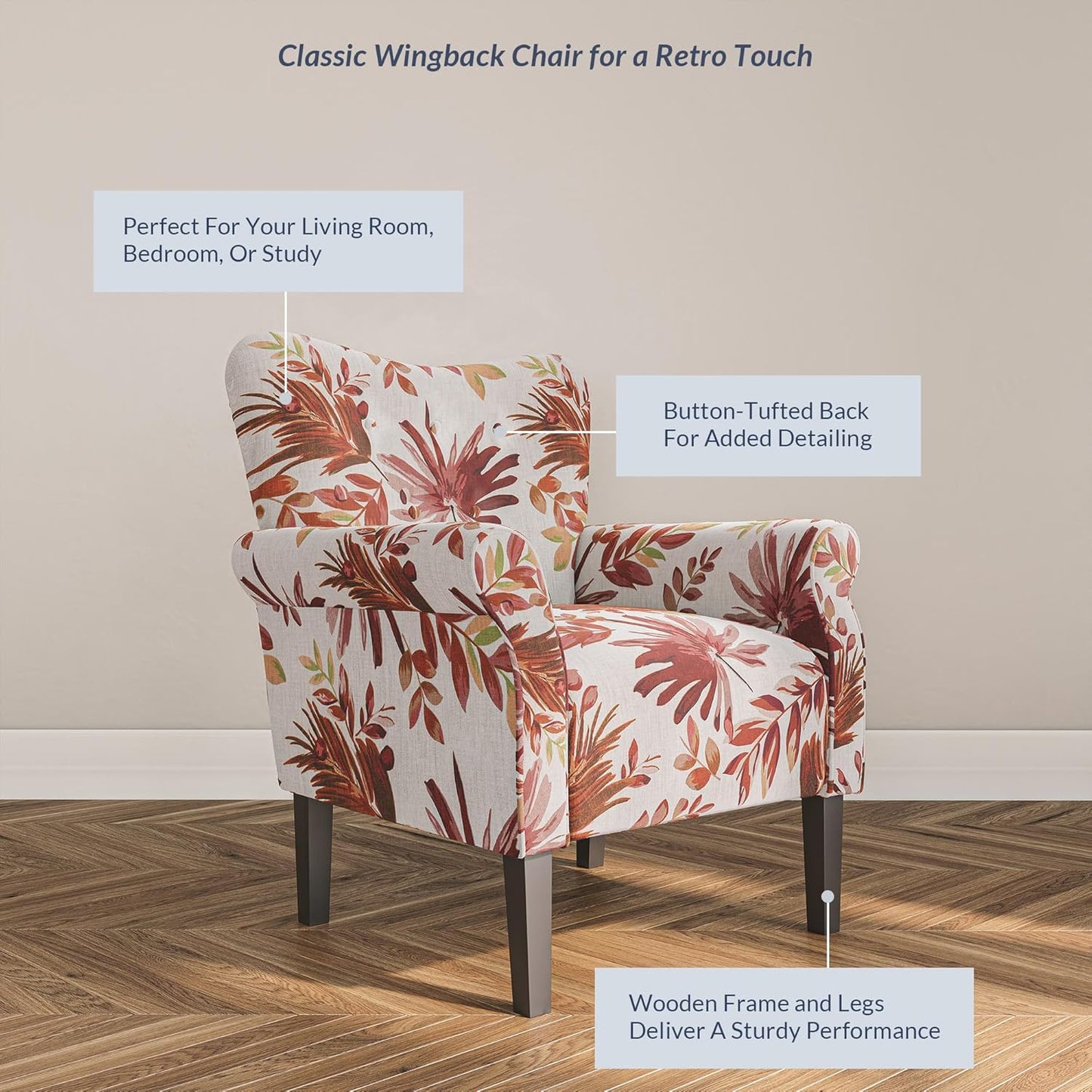 BELLEZE Modern Accent Chair for Living Room, High Back Floral Armchair with Wooden Legs
