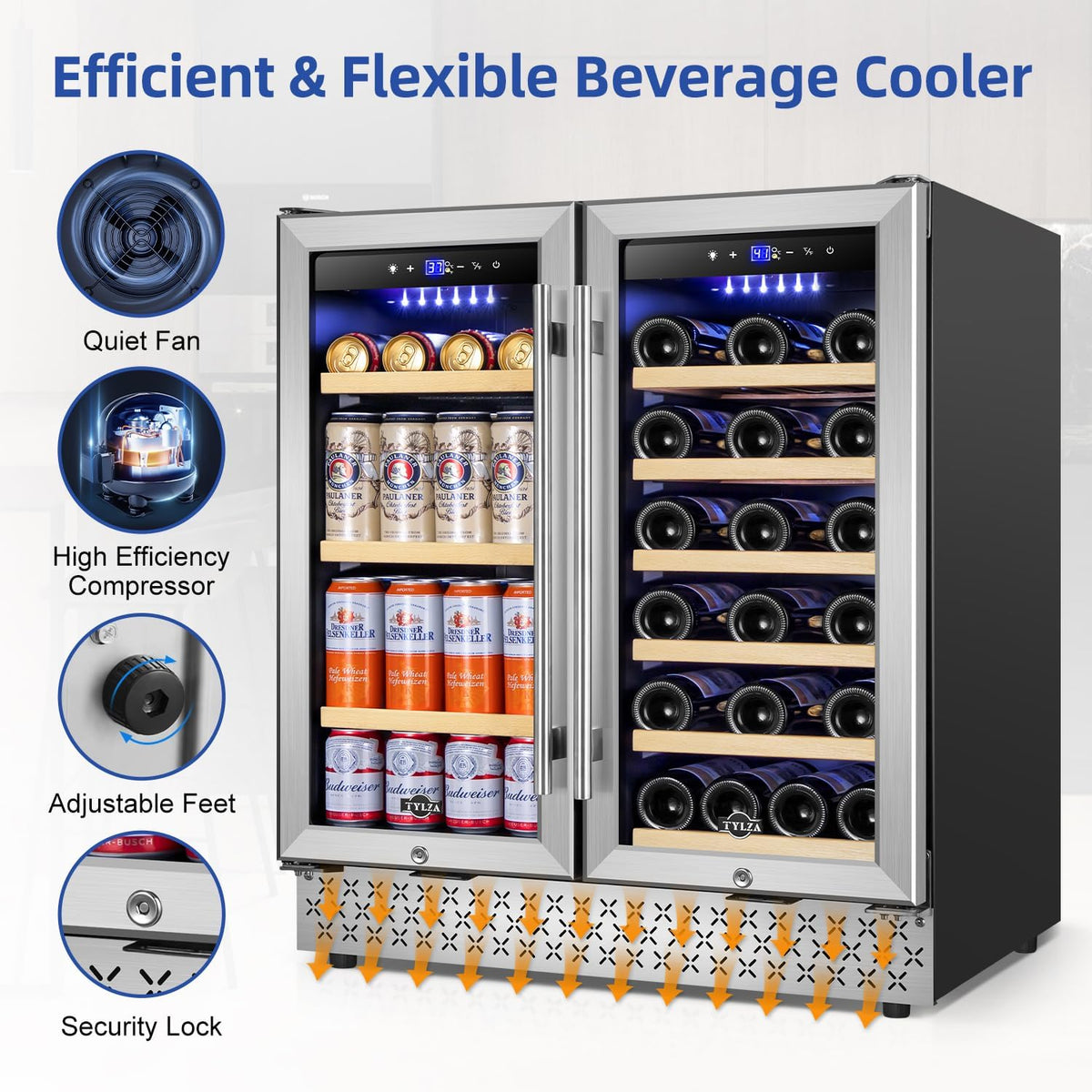 Tylza 30 Inch Wine and Beverage Refrigerator, Dual Zone Wine Beverage Cooler 30" with French Door