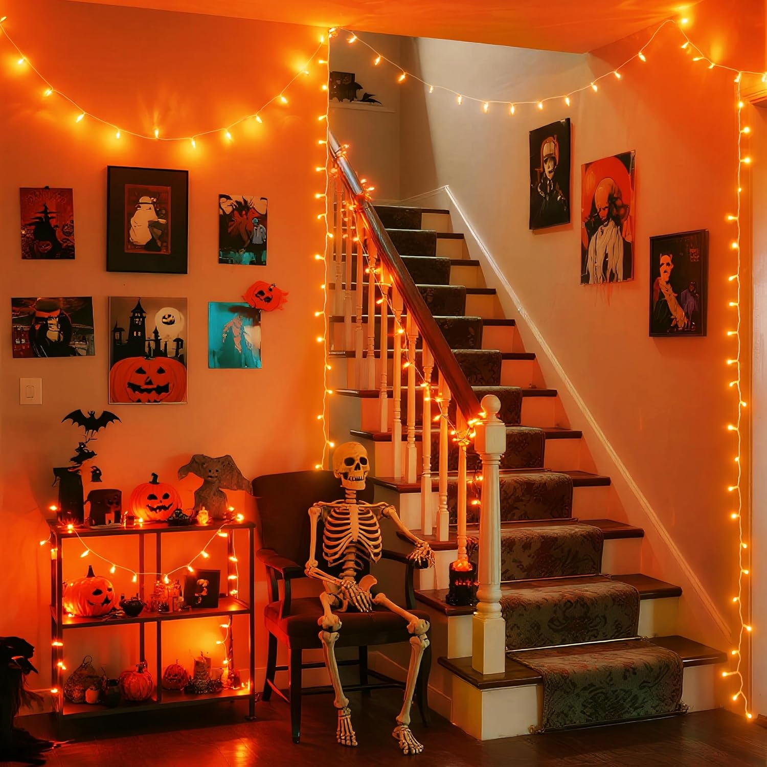 JMEXSUSS Connectable 33ft Halloween Lights Indoor, 100 LED Clear Wire Orange Lights for Halloween
