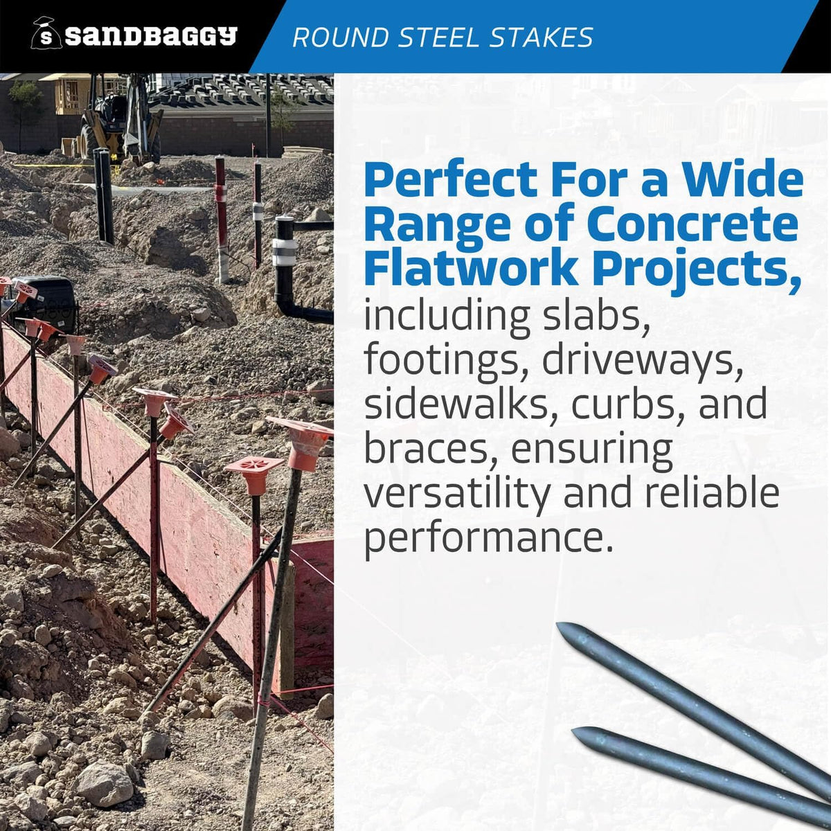 Sandbaggy Round Steel Concrete Form Stakes with Nail Holes - Rust Resistant Coating - Removable