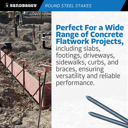 Sandbaggy Round Steel Concrete Form Stakes with Nail Holes - Rust Resistant Coating - Removable