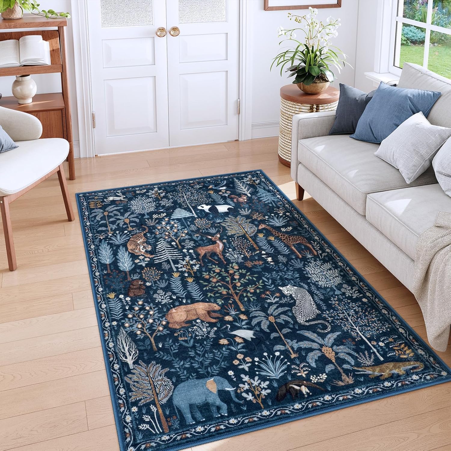 OJIA Jungle Print Blue 5x7 Rugs for Living Room, Soft Ultra-Thin Washable Area Rugs for Bedroom