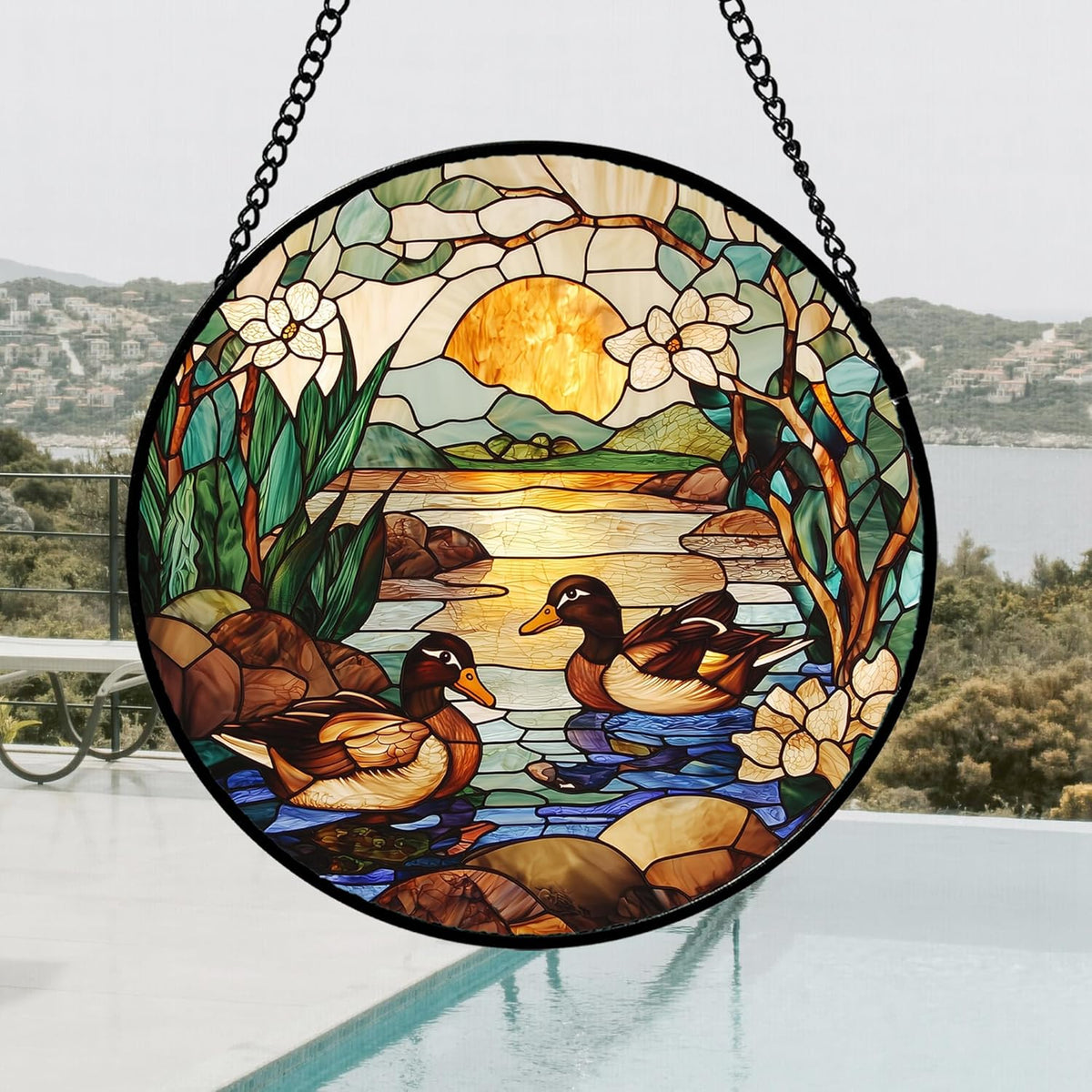 Stained Glass Window Hanging, Ducks in The Pond Sun Catcher for Door Home Decor Landscape Plant