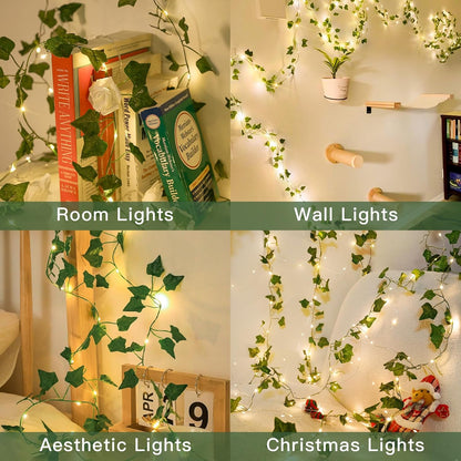 suddus Vine with Fairy Lights Battery Operated, 13.1ft 40 LED Ivy String Light with Remote, Leaf