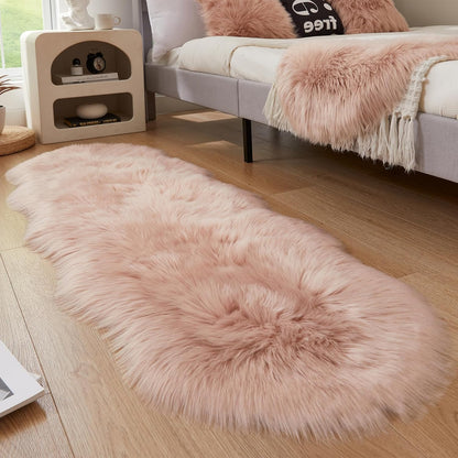 AMTOVO Faux Sheepskin Rug, Pink Ultra Soft Fluffy Shag Area Rug, 2 x 6 ft Faux Fur Rug for Bedroom