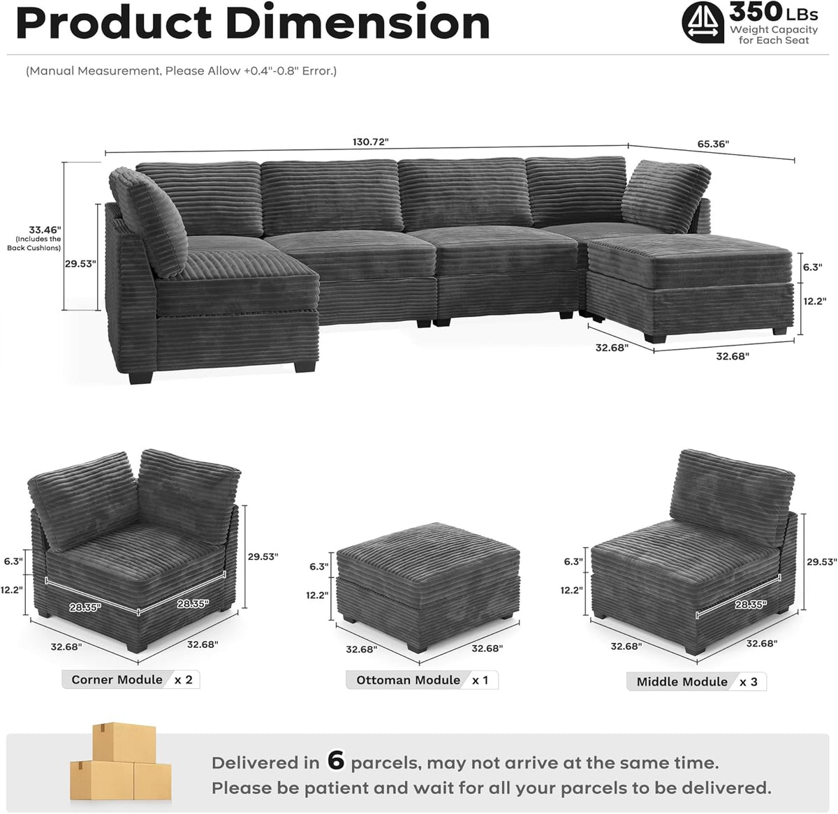 ovios Sectional Sofa Couch with U-Shape Chaise Sofa Bed, Comfy Modular Cloud Couches with Deep