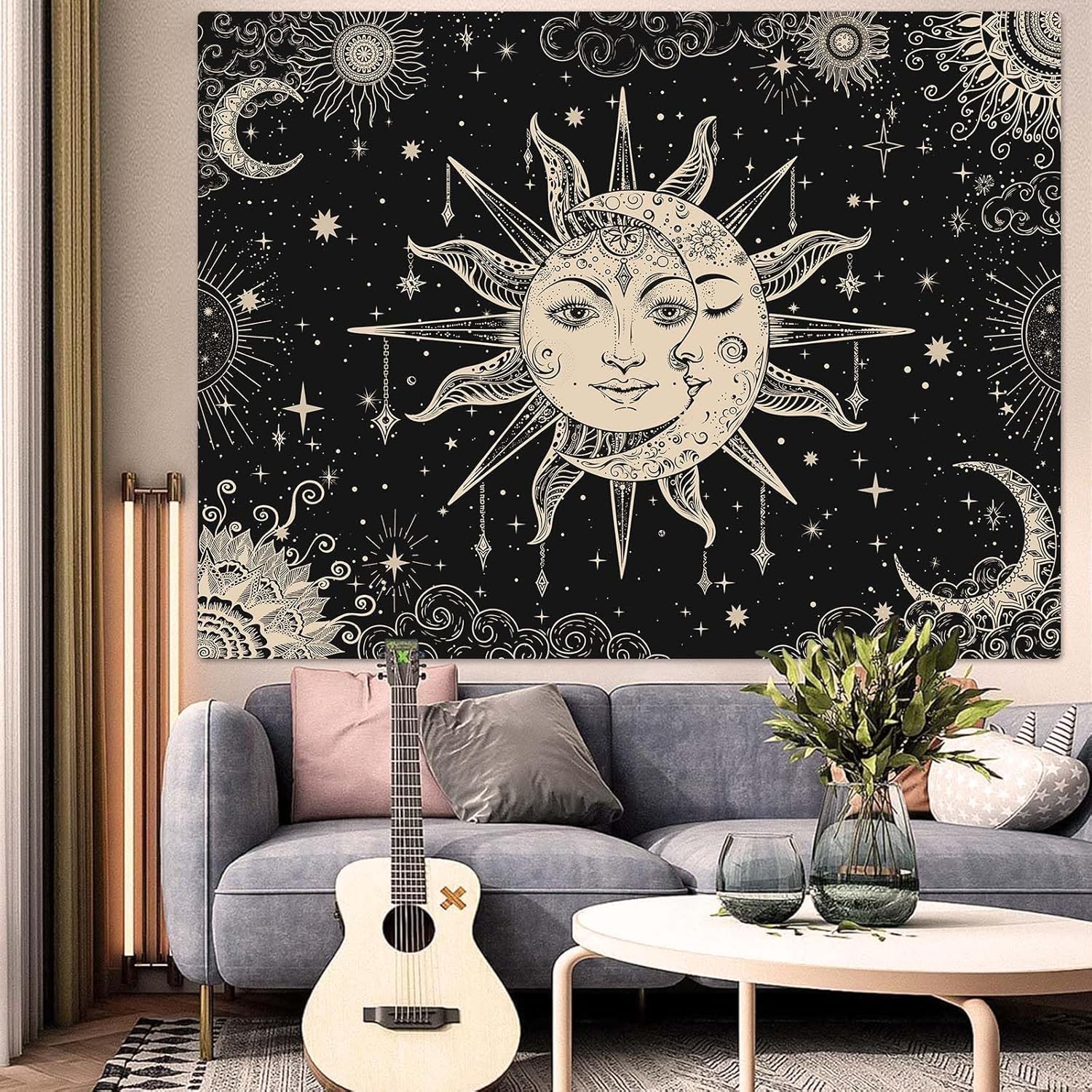 Lunerfex Sun and Moon Tapestry Mandala Wall Tapestry, Vintage Tapestries for Bedroom Ceiling