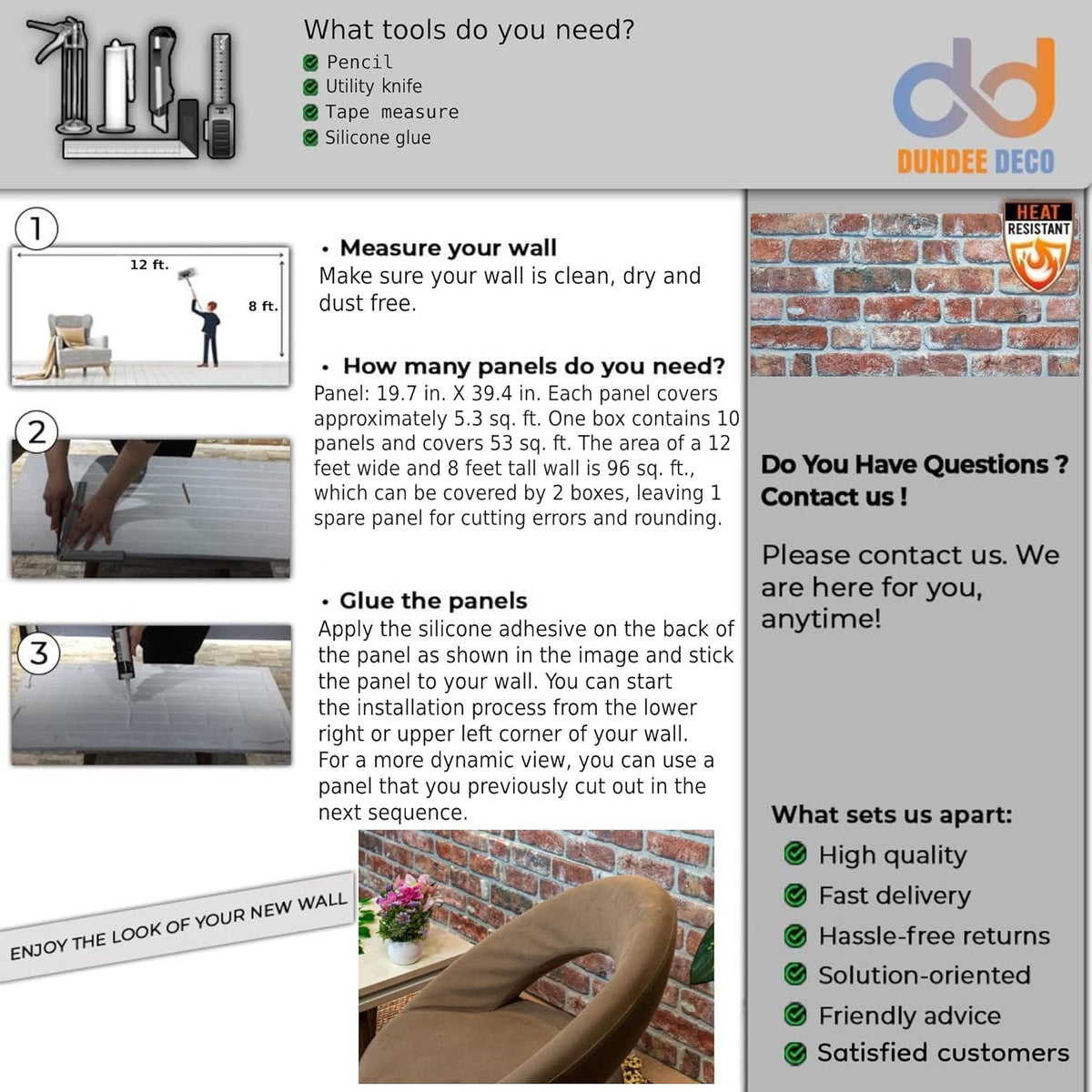 Dundee Deco 3D Wall Panels Faux Brick - Cladding, Red Brown Stone Look Wall Paneling, Styrofoam