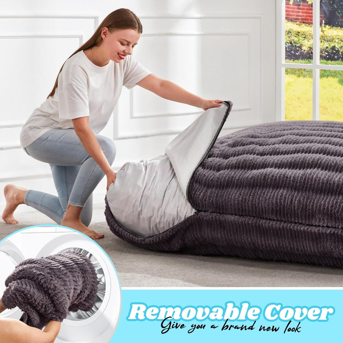 Hobestluk 3 in 1 Bean Bag Chair Giant Bean Bag Chairs for Adults with Ripple Cover Convertible Bean