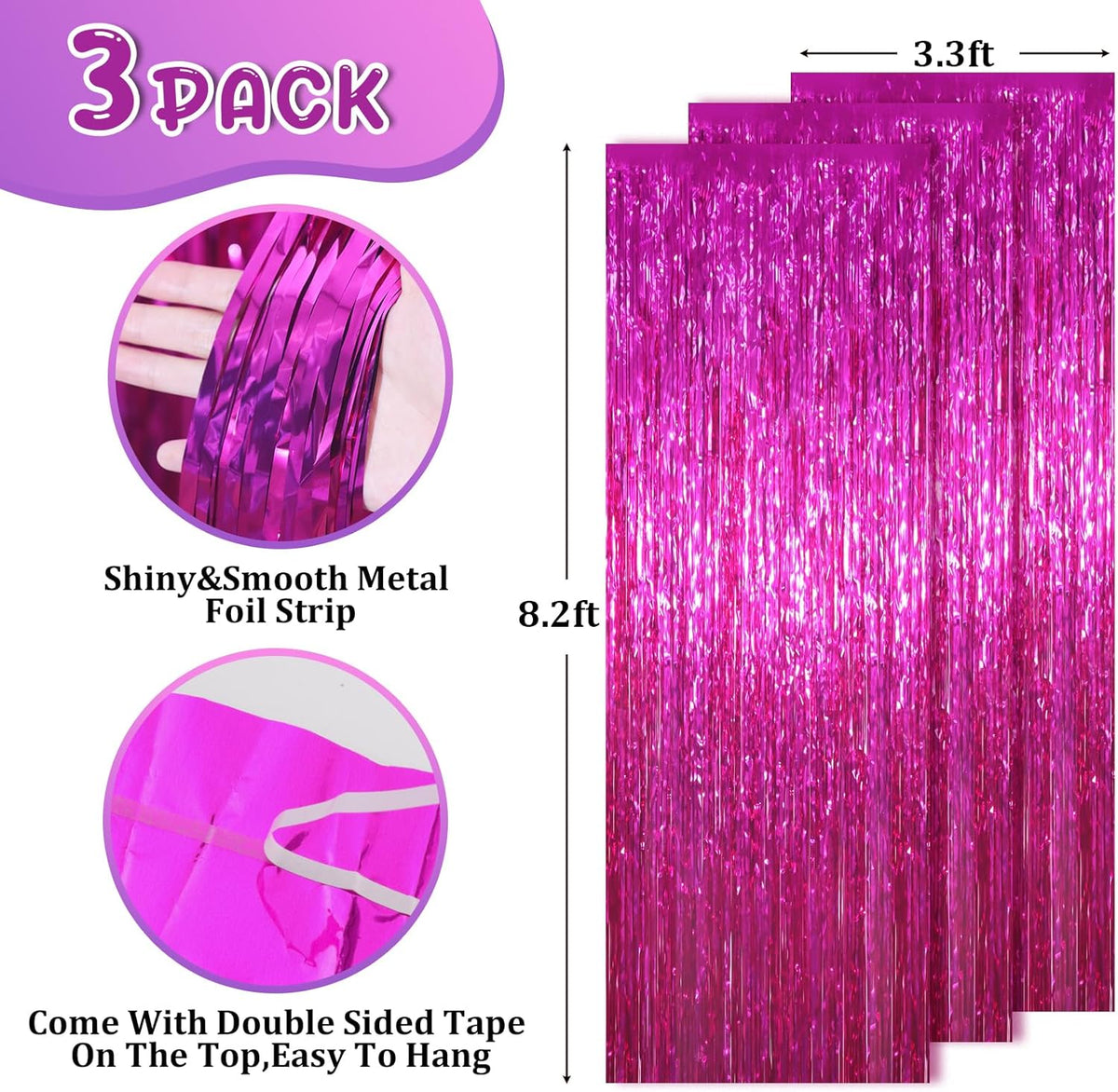 3 Pack 3.3x8.2 Feet Pink Foil Fringe Backdrop Curtains, Tinsel Streamers Birthday Party