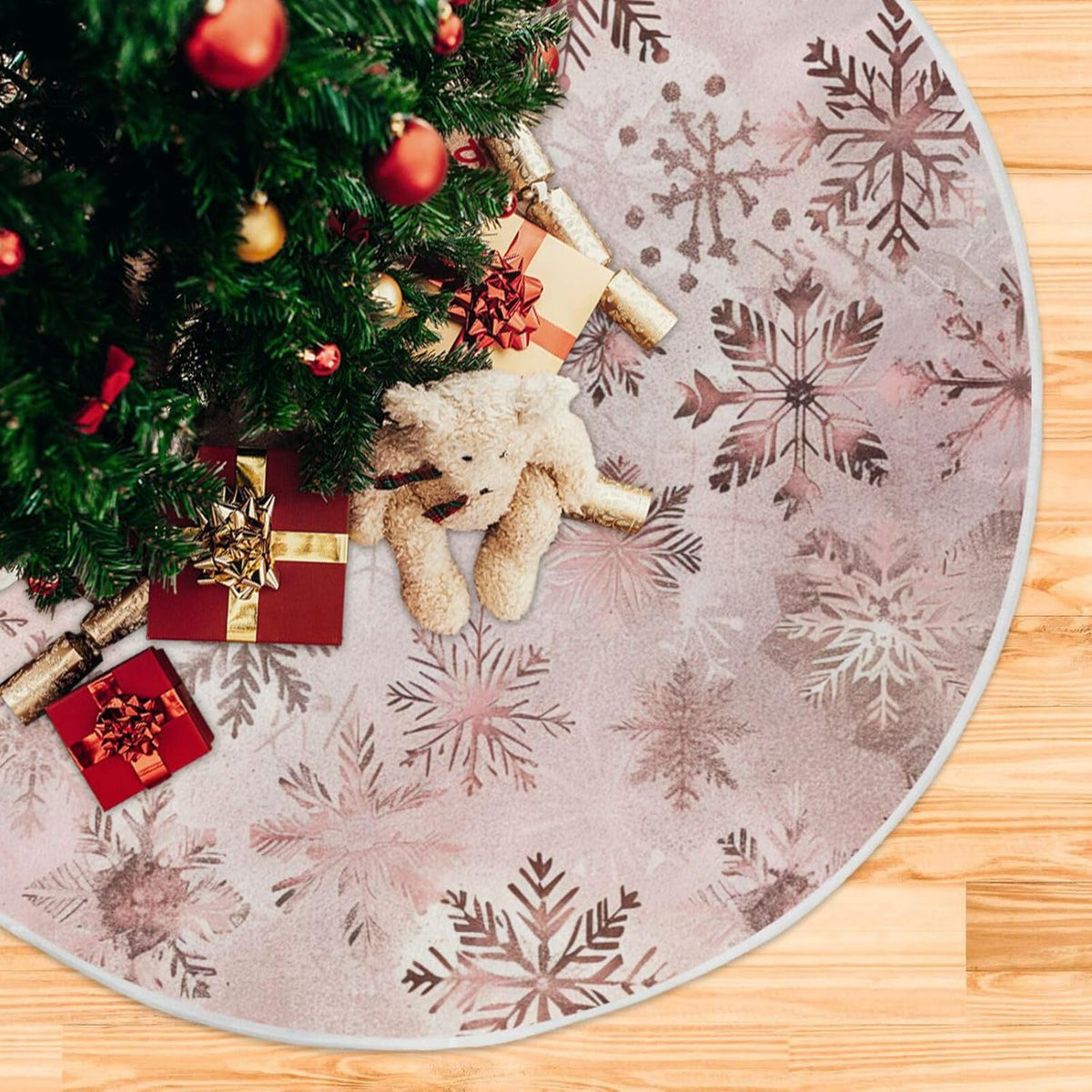 Christmas Tree Skirt, 36 Inch Seamless Pattern Rose Gold Snowflakes Xmas Tree Skirt for Christmas