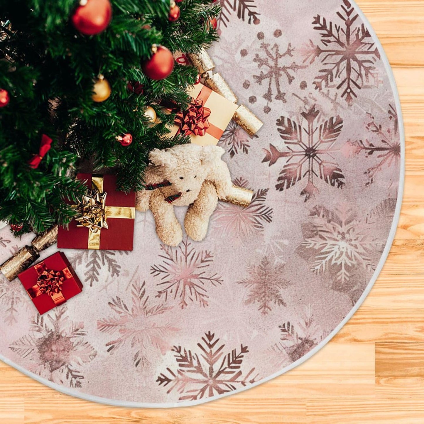 Christmas Tree Skirt, 48 Inch Seamless Pattern Rose Gold Snowflakes Xmas Tree Skirt for Christmas