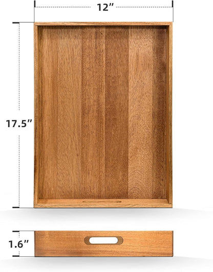 Acacia Wood Serving Tray with Handles (17 Inches) – Decorative Serving Trays Platter for Breakfast
