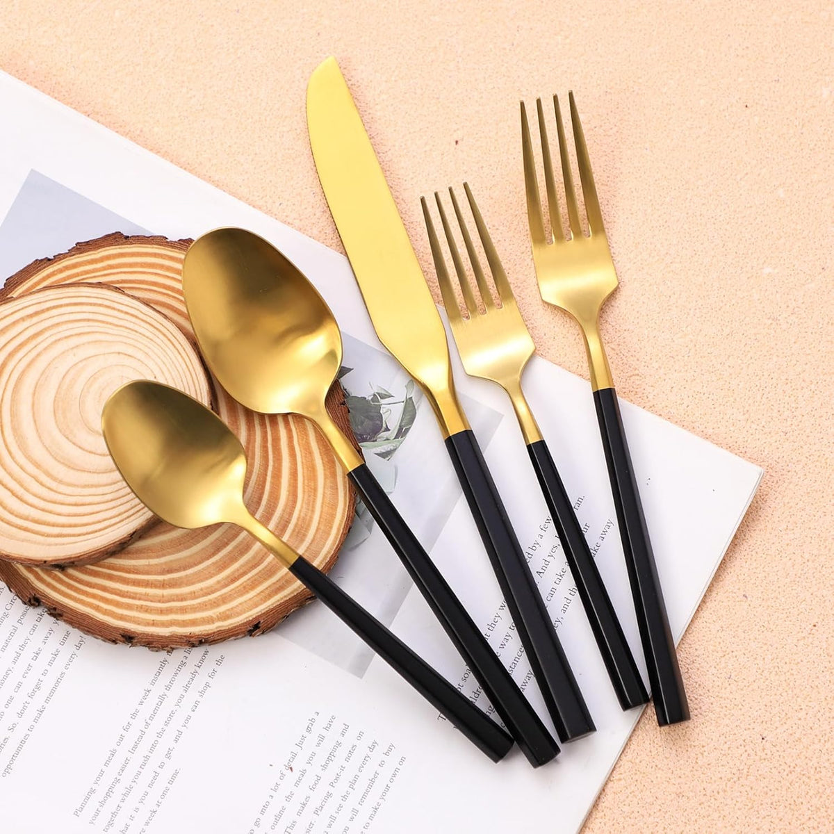 Matte Silverware Set Gold Flatware Set with Hexagon Handle 20 Pieces 18/0 Stainless Steel Cutlery