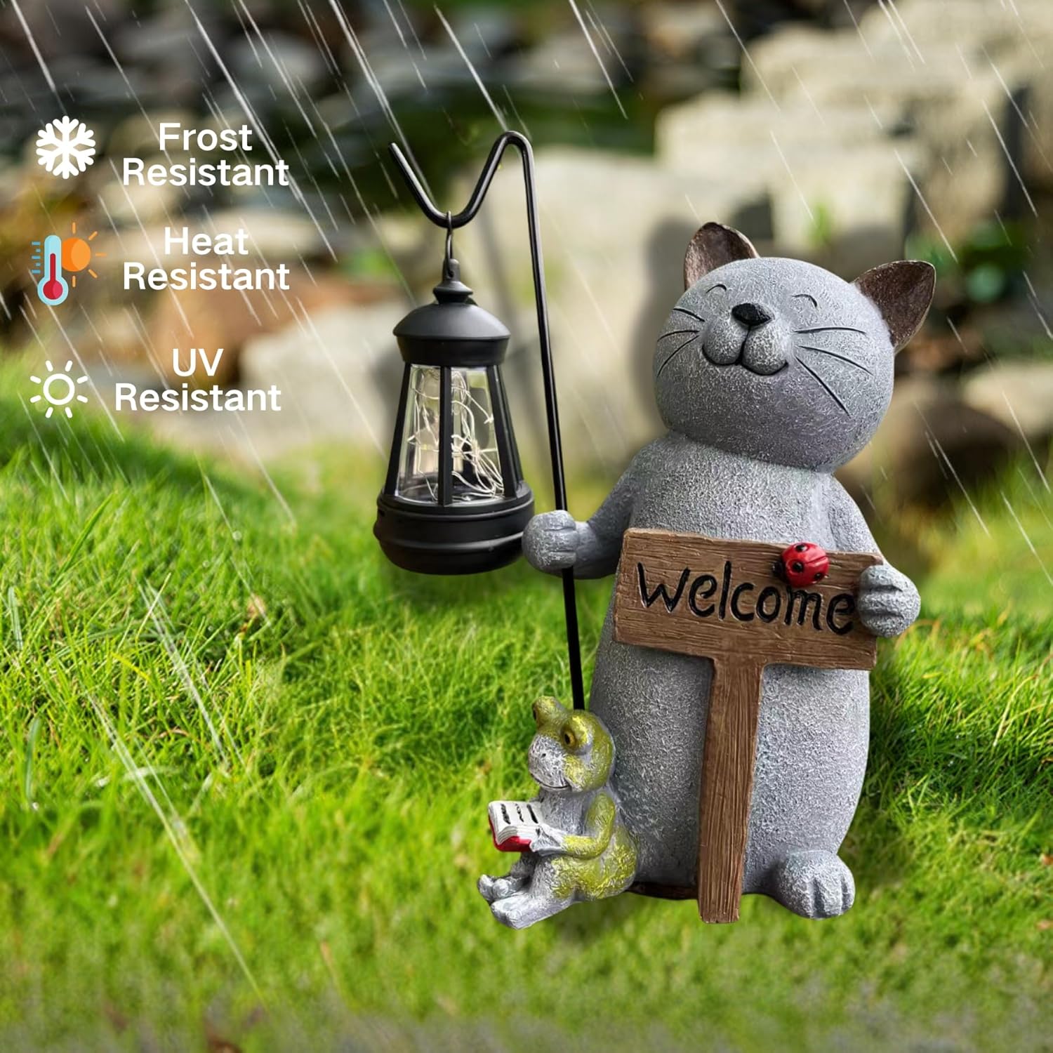 Cat Garden Statue with Solar Lantern: Cat Outdoor Figurine Decorations -Solar Garden Statue Decor