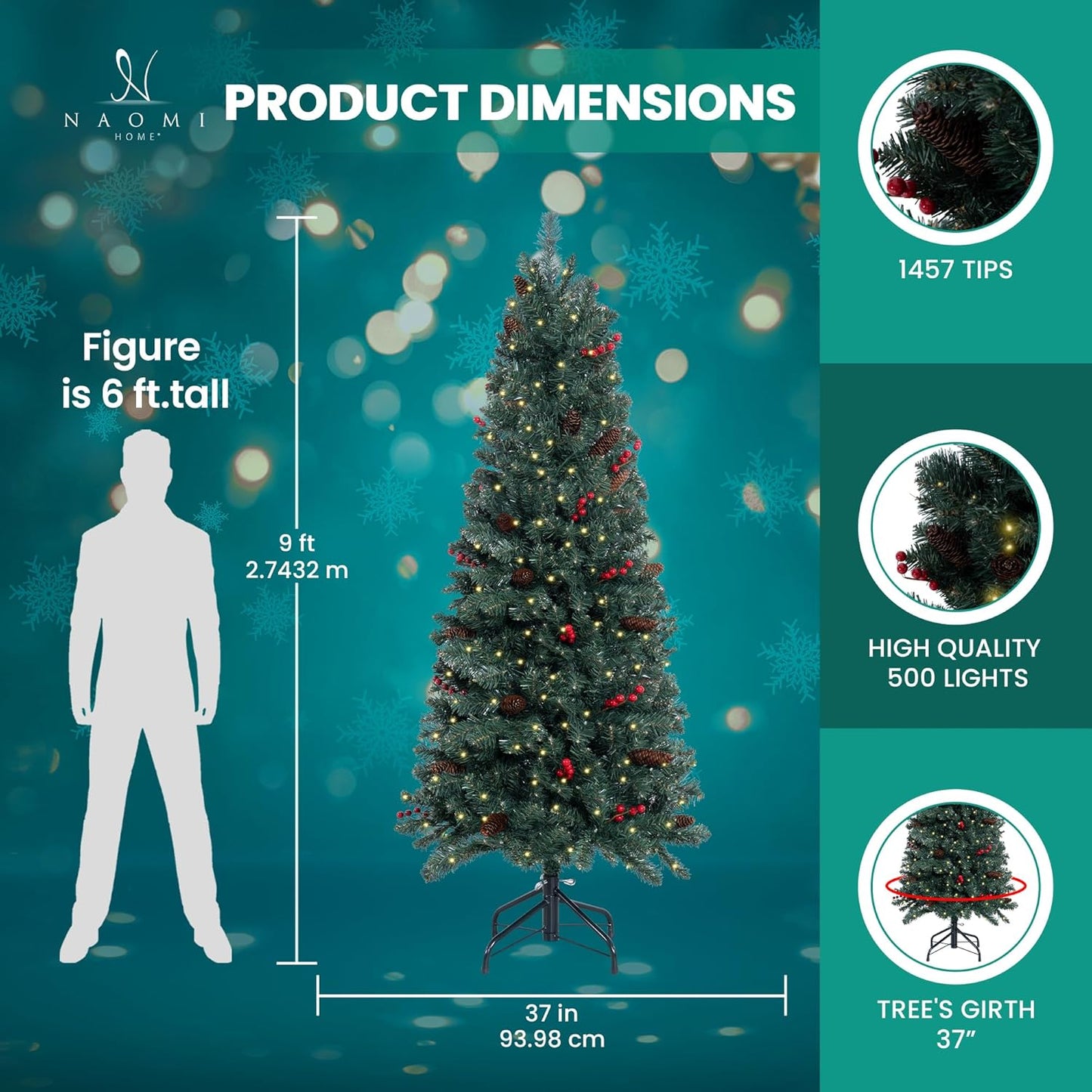 Naomi Home Belen 9ft Pencil Christmas Tree Prelit pre-Decorated with Pine Cones, Red Berries, 1457