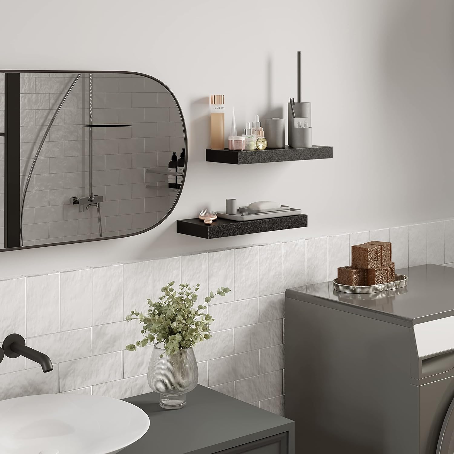 BAMEOS Floating Shelves, Black Wall Mounted Wooden Shelves with Invisible Brackets Set of 2