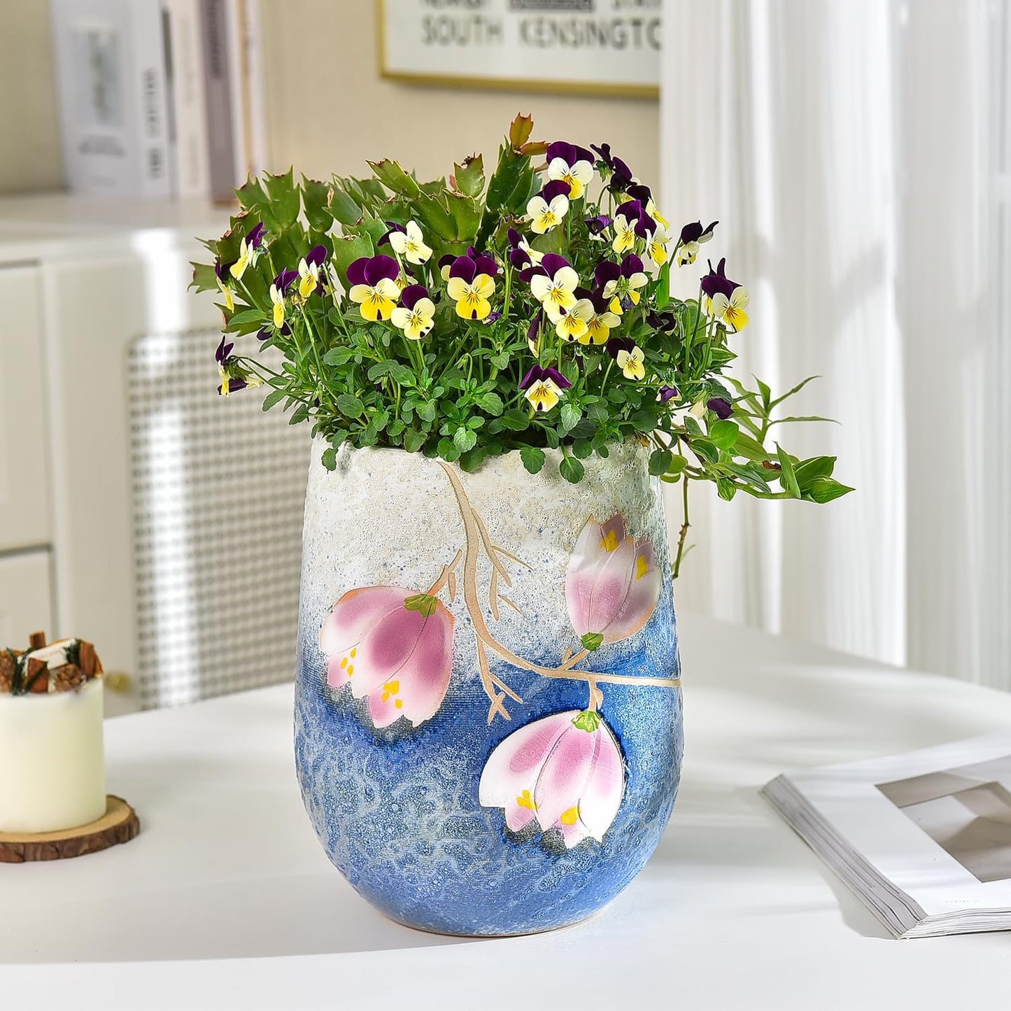 Sungmor 10.6 Inch Ceramic Succulent Plant Pot with Drainage Hole, Hand Painted Flower Pots for