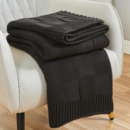 CozeCube Check Knit Throw Blanket, Jet Black Checkered Throw for Couch, Decorative Christmas Soft