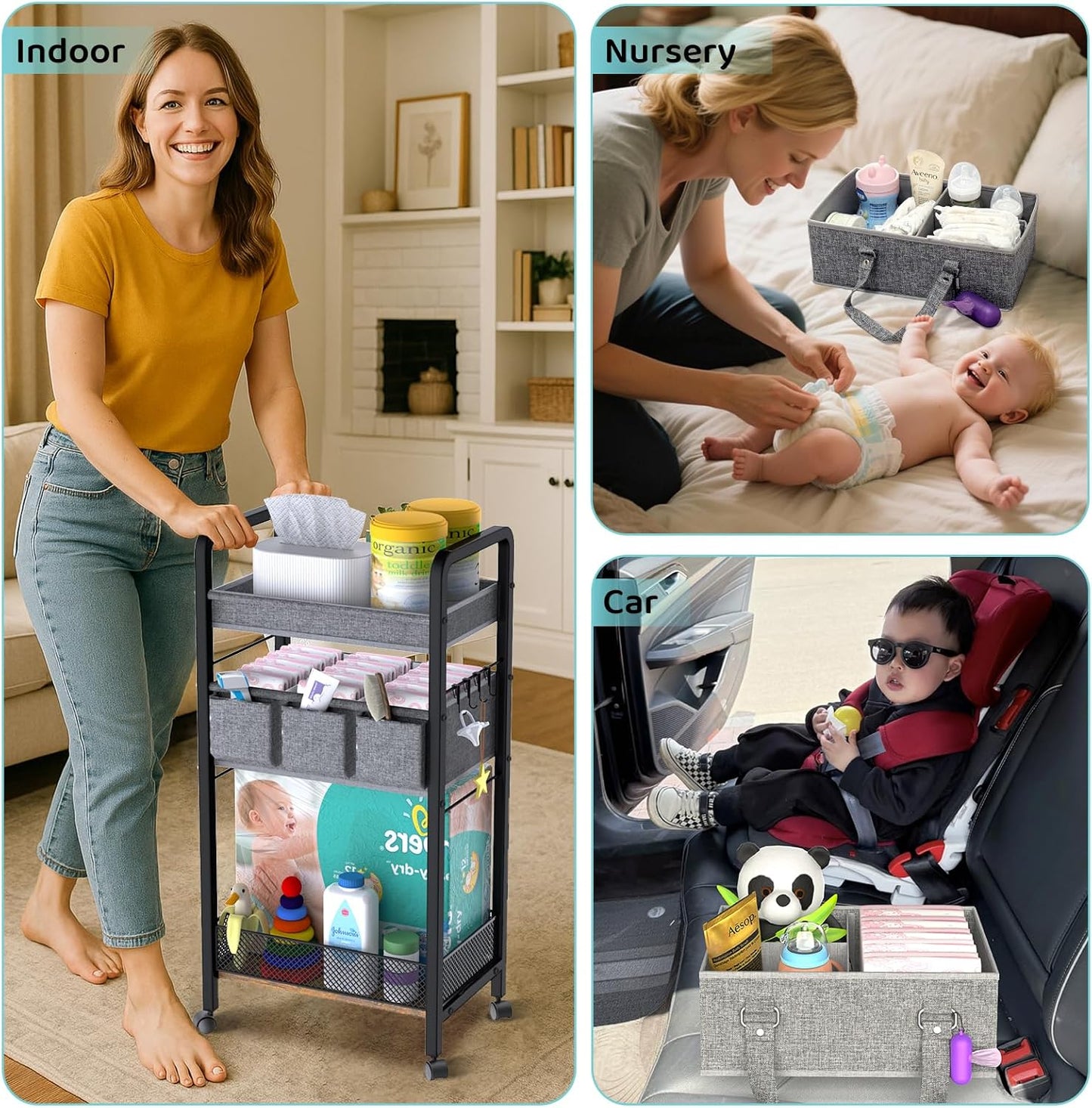 2IN1 Baby Diaper Caddy Organizer-3 Tier Rolling Storage Cart with Dividers - Bedside Diaper Caddy