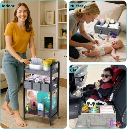 2IN1 Baby Diaper Caddy Organizer-3 Tier Rolling Storage Cart with Dividers - Bedside Diaper Caddy