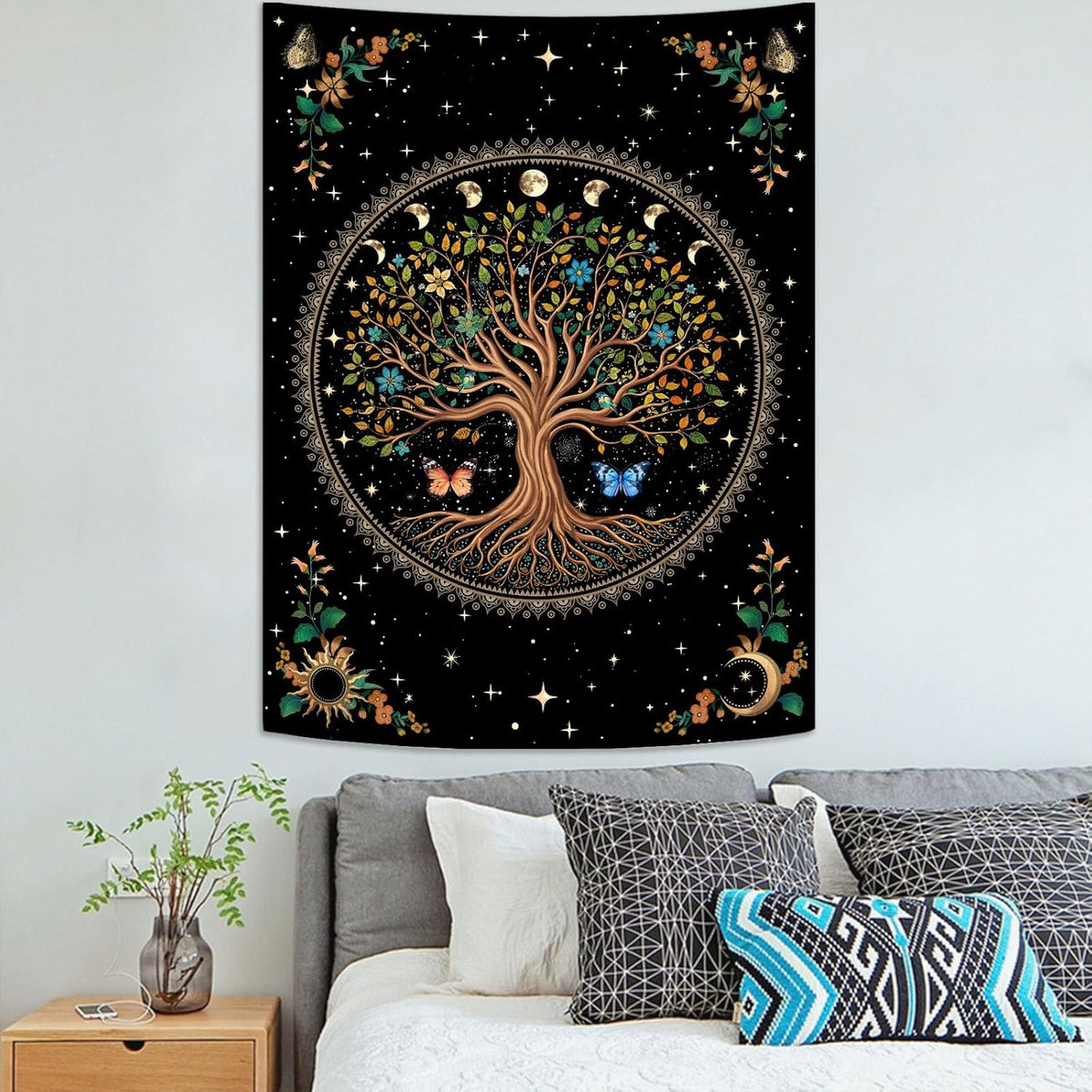 Lunerfex Tree of Life Tapestry Moon Phase Wall Tapestry, Green Tapestries for Bedroom Ceiling