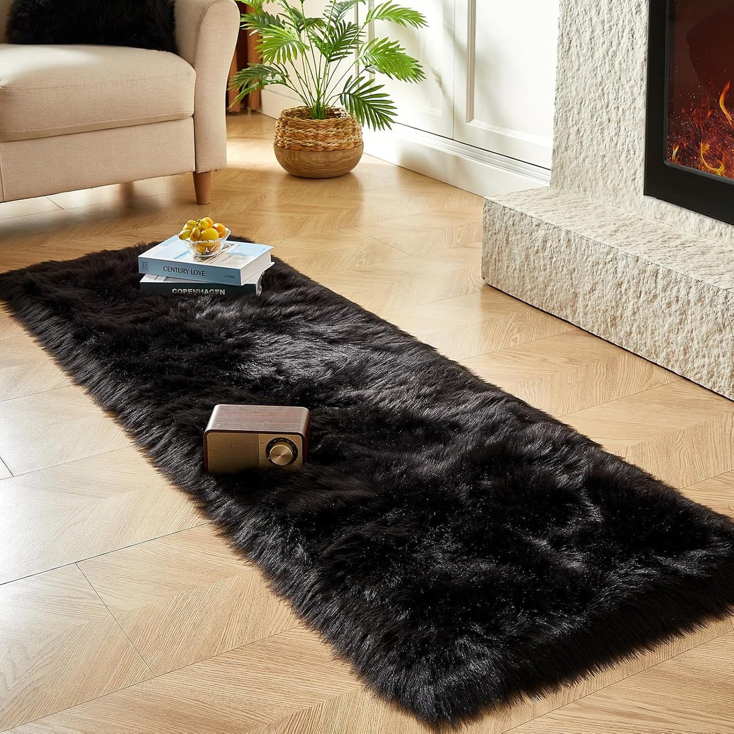 AMTOVO Faux Fur Rug, Black Ultra Soft Fluffy Shag Sheepskin Rug, 2 x 6 ft Runner Area Rugs for