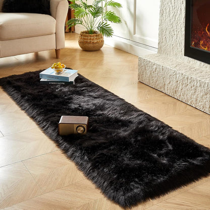 AMTOVO Faux Fur Rug, Black Ultra Soft Fluffy Shag Sheepskin Rug, 2 x 6 ft Runner Area Rugs for