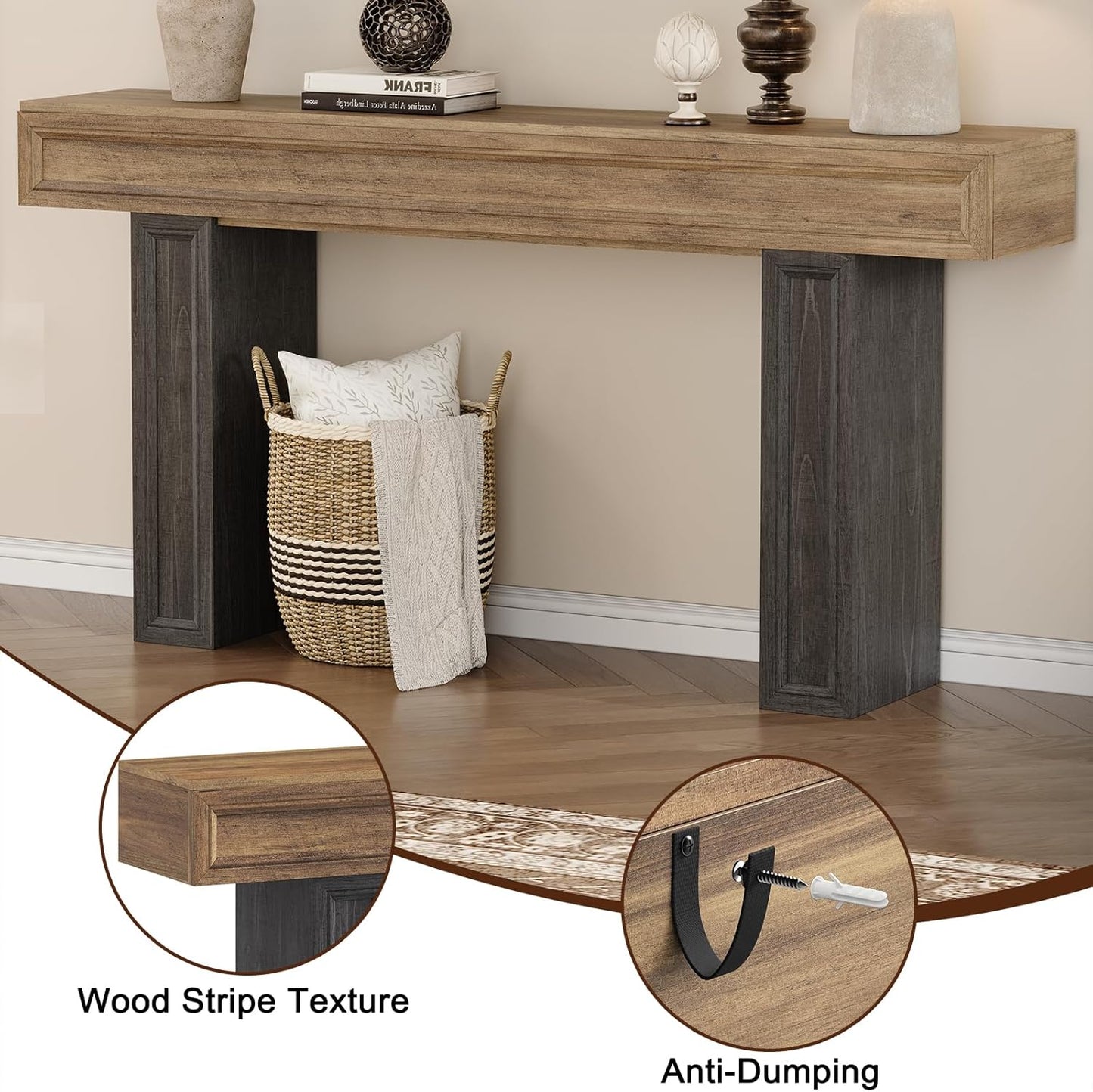 Rresyet 63 Inch Long Console Table, Sofa Table Behind Sofa, Wooden Entryway Table, Farmhouse