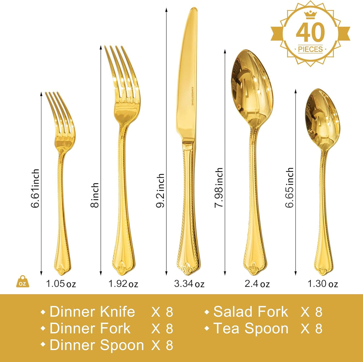 KINGSTONE Gold Silverware Set, 40-piece 18/10 Stainless Steel Flatware Set Cutlery Set for 8, for