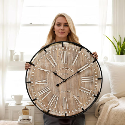 Large Wall Clock –30 Inch Farmhouse Clock -Extra Large 30 Inch Wood and Metal Wall Clock, Silent