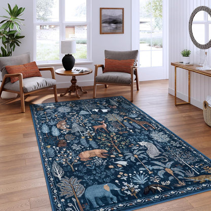 OJIA Jungle Print Blue 5x7 Rugs for Living Room, Soft Ultra-Thin Washable Area Rugs for Bedroom
