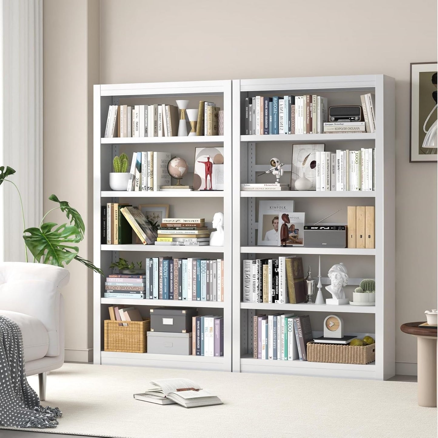 Metal Bookshelf Adjustable - 61" Tall White Bookcase, 5 Tier Book Shelf, Tooless Assembly Book
