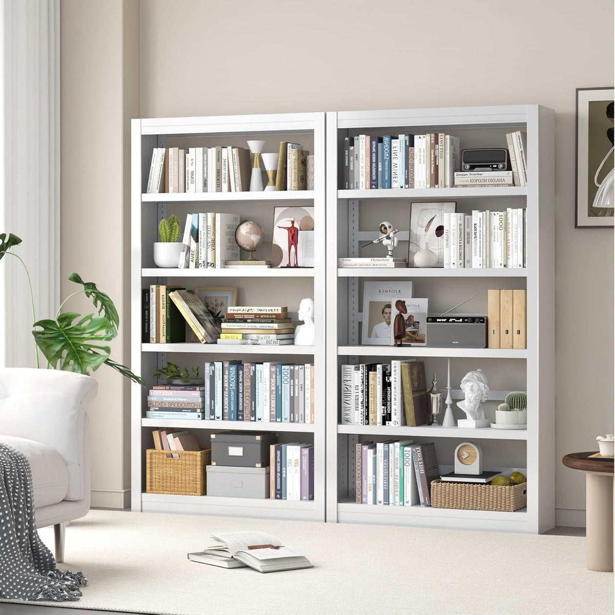 Metal Bookshelf Adjustable - 61" Tall White Bookcase, 5 Tier Book Shelf, Tooless Assembly Book