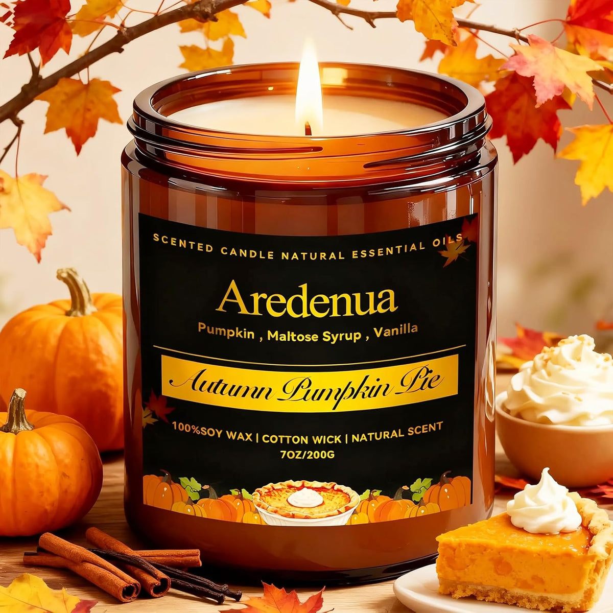Pumpkin Pie Candle - Fall Scented Candles for Autumn, Halloween Pumpkin Candle - 7 OZ Soy Candles