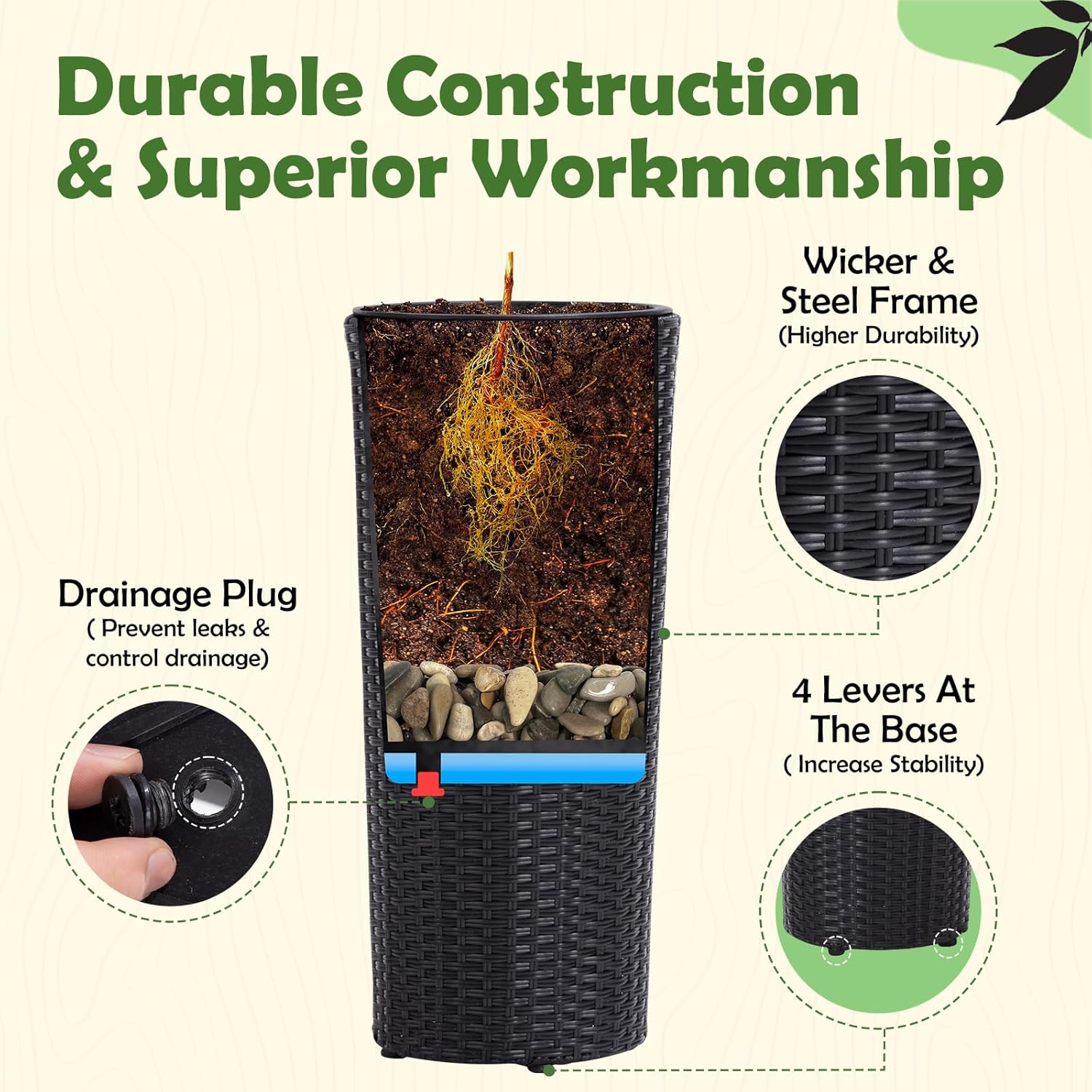 IDZO All Weather Wicker Planters for Outdoor Plants Set of 2, 24 inch Tall Black Planter for Front