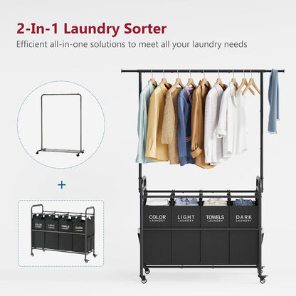 Tajsoon Laundry Sorter Cart with Hanging Clothes Rack, 4 Butler Sorter Basket Organizer, Laundry