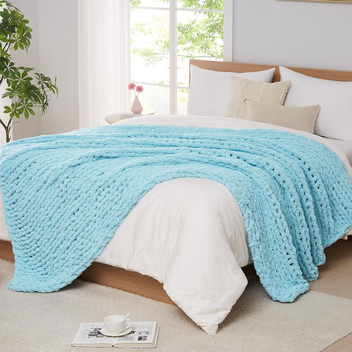 L'AGRATY Chunky Knit Throw: 80''x90'' Chenille Blanket for Bed Couch - Handmade Thick Big Cable
