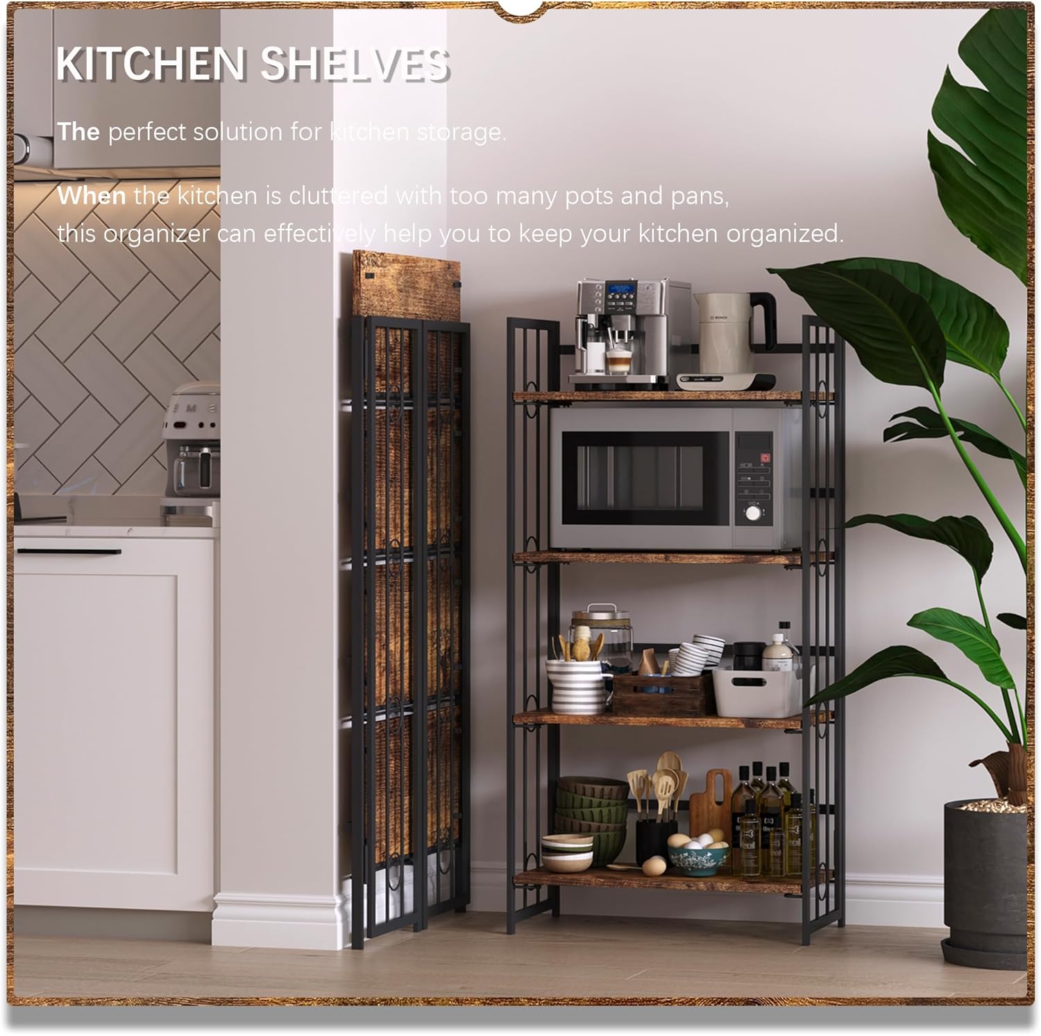 4NM No Assembly 4 Tiers Folding Bookshelf, 47.2" H Foldable Storage Shelves Vintage Bookcase