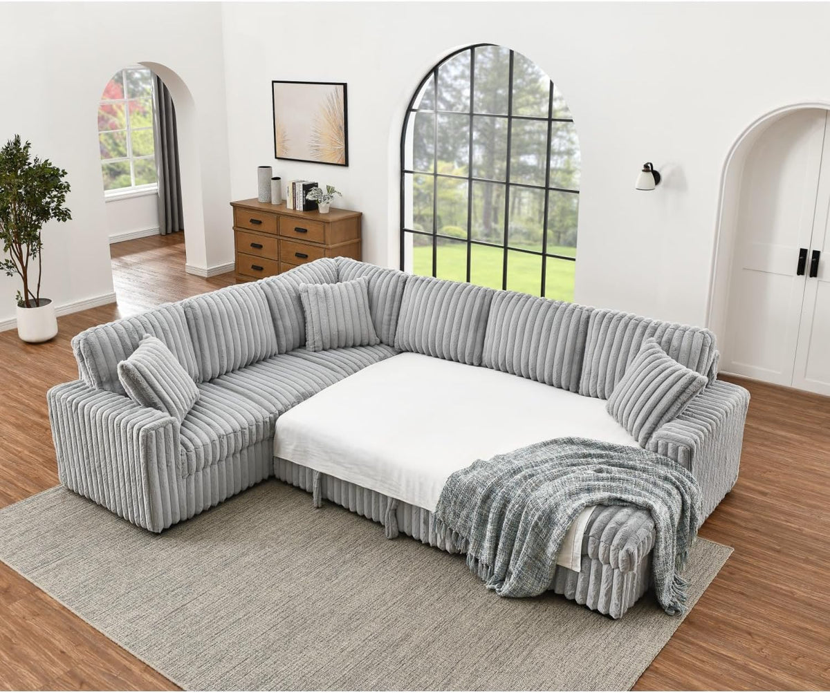 THSUPER 122-Inch Oversized U Shaped Plush Corduroy Fluffy Sectional Sleeper Sofa with Pull Out Bed