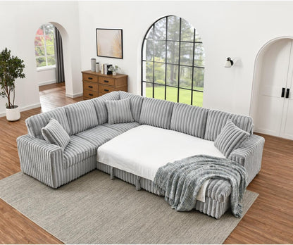 THSUPER 122-Inch Oversized U Shaped Plush Corduroy Fluffy Sectional Sleeper Sofa with Pull Out Bed
