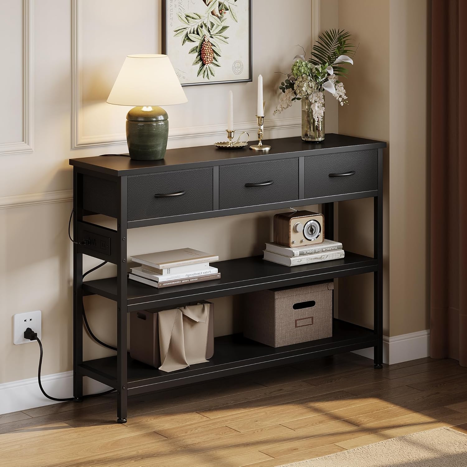 Lulive 2 Pack Entryway Table with Power Outlets, Console Table with 3 Fabric Drawers, Sofa Table