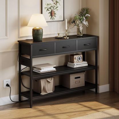 Lulive 2 Pack Entryway Table with Power Outlets, Console Table with 3 Fabric Drawers, Sofa Table