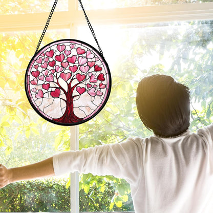Stained Glass Window Hanging, Pink Love Heart Tree Suncatcher Hangings Beige Sun Catchers Decor for