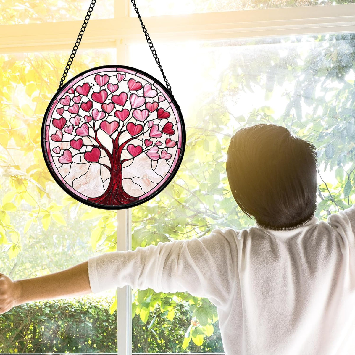 Stained Glass Window Hanging, Valentine's Day Gifts Pink Love Heart Tree Suncatcher Hangings Beige